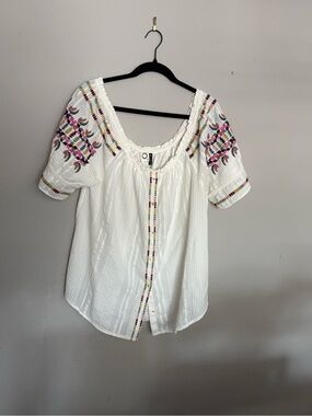 Anthropologie White Peasant Blouse with Pink & Multicolor Embroidery